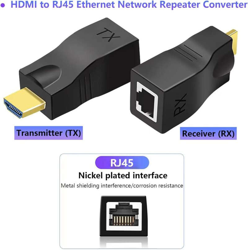 Hdmi Extender Over Ethernet Cat 6/ 7/ 8 Cable, HDMI to RJ45 Ethernet Network Converter, Support Audio Video 1080P UP to 30m - Image 2